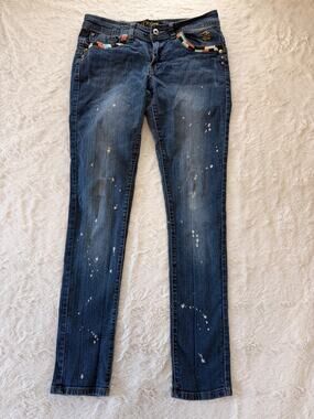 Dereon Womens Jeans 9/10 Paint Splatter Embroidered Skinny Denim Low Rise Y2K